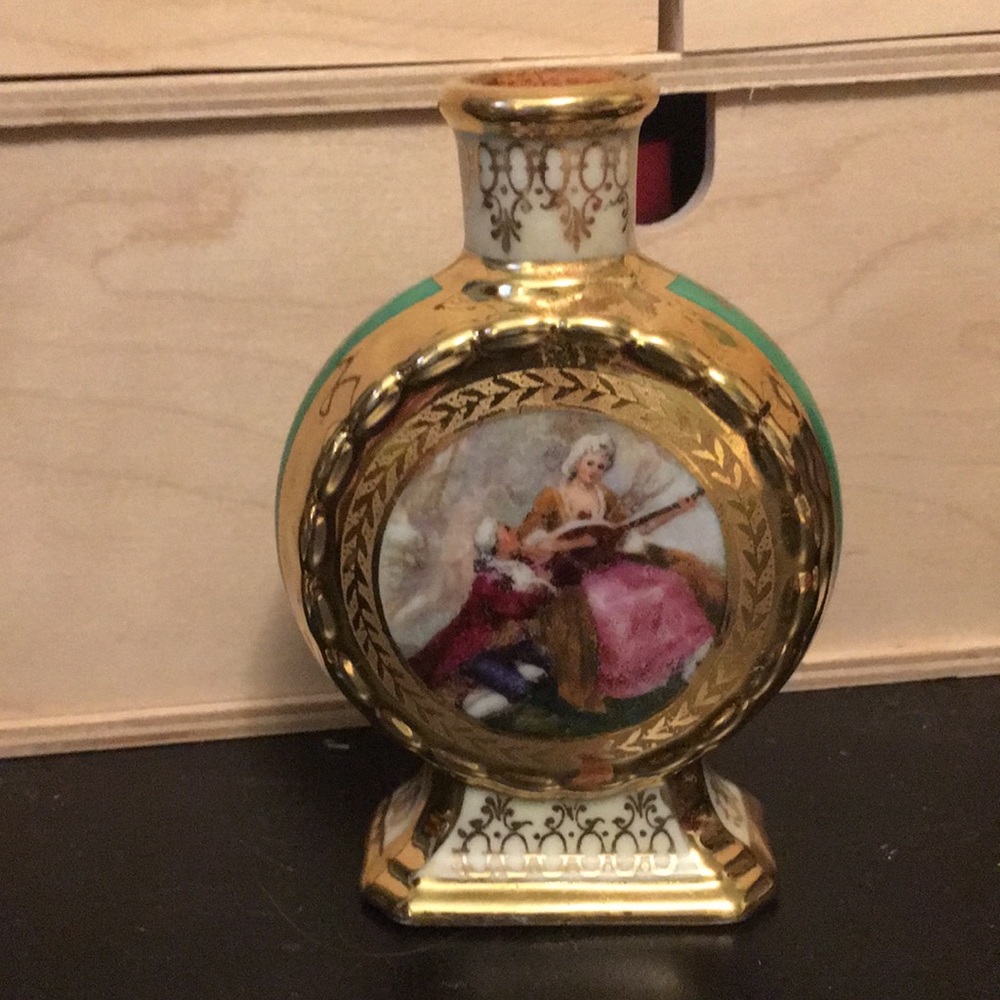 Vintage 24 karat  gold over porcelain bottle hand painted